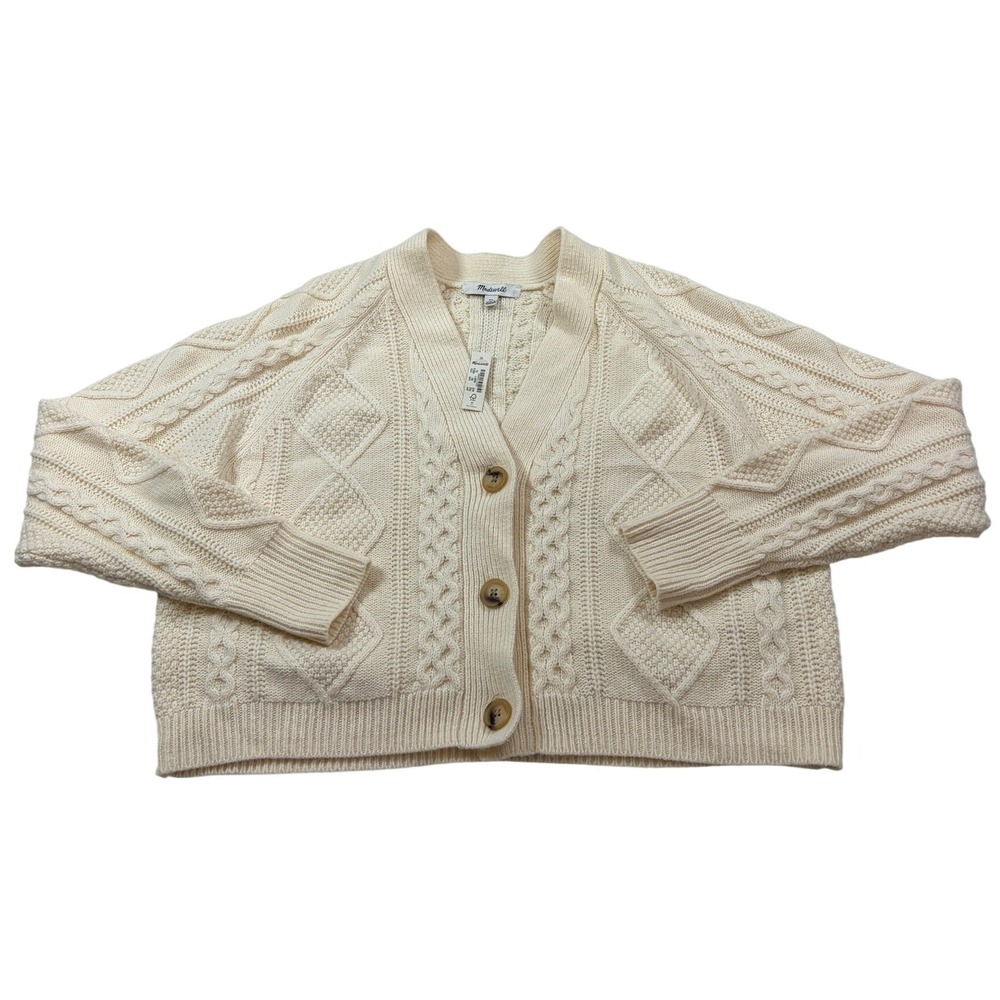 Madewell Wool Blend Cable Knit Cropped Cardigan Sweater Cream XS N0010 - Picture 3 of 11